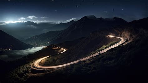 Premium AI Image | Cars light up trails at night on a curved paved road ...