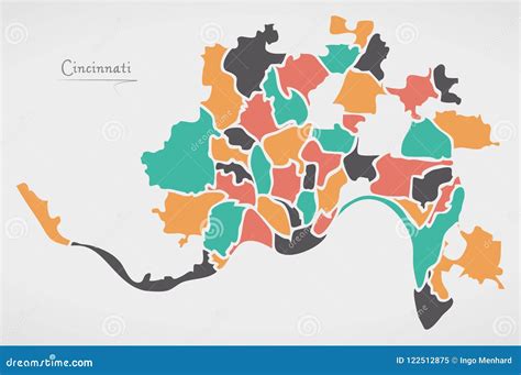 Cincinnati Ohio Map with Neighborhoods and Modern Round Shapes Stock ...