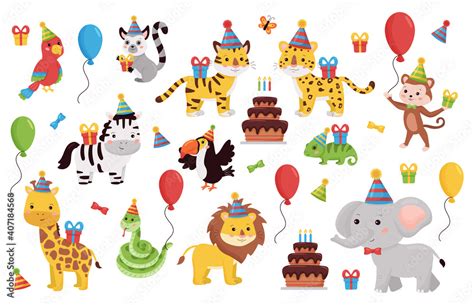 Birthday animals set. Cartoon characters collection with gifts ...