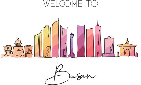 One single line drawing Busan city skyline, South Korea. World town landscape home decor poster ...