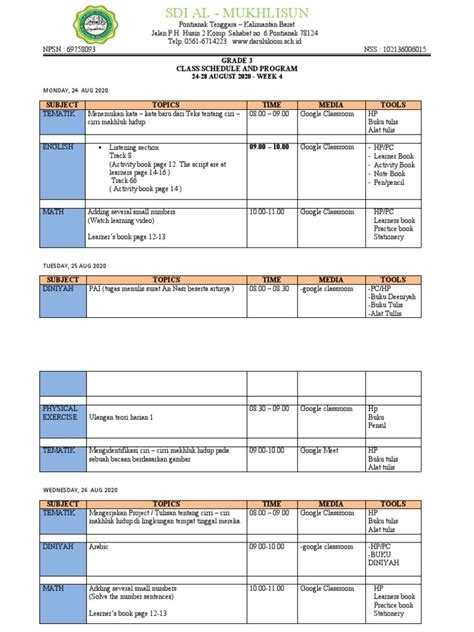 Grade 3 Class Schedule and Program: MONDAY, 24 AUG 2020 | PDF ...