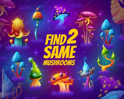 Find two same magic mushrooms. Kids game worksheet, kindergarten child ...