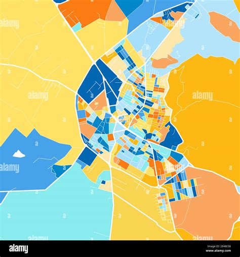 Color art map of Korce, Albania iin blues and oranges. The color ...