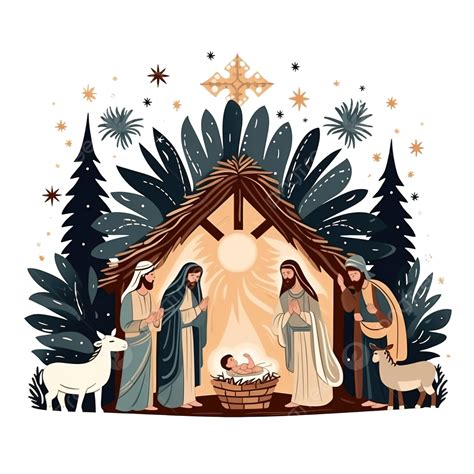 Christmas Hygge Interior With Christmas Nativity Scene With Holy Family And Three Wise Men, Baby ...