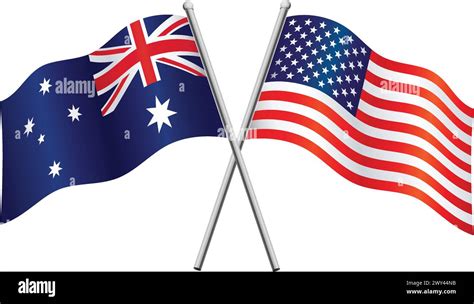 Australia and USA american flags in relationship alliance or versus conflict crossed flagpoles ...