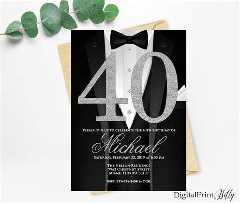 40th Birthday Invitations Men Birthday Party Silver and - Etsy