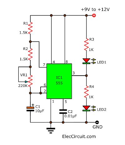 IC 555 LED Flasher | ElecCircuit.com