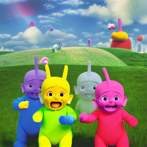 prompthunt: sinister teletubbies standing in a field, evil baby sun ...