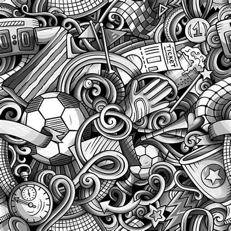 Cartoon Doodles Football Seamless Pattern Background, Playfield, Scoring, Objects Background ...