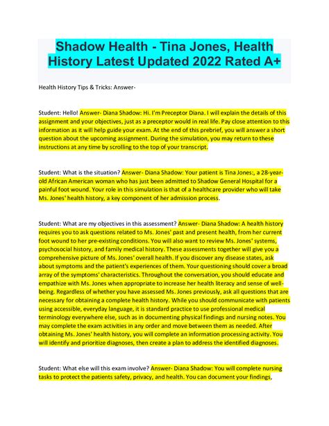 Shadow Health - Tina Jones, Health History Latest Updated 2022 Rated A+ | Health history, Health ...
