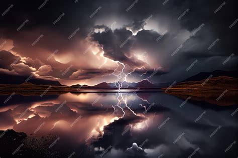 Premium AI Image | Stormy sky with lightning flashes and thunder reflected in the calm lake ...