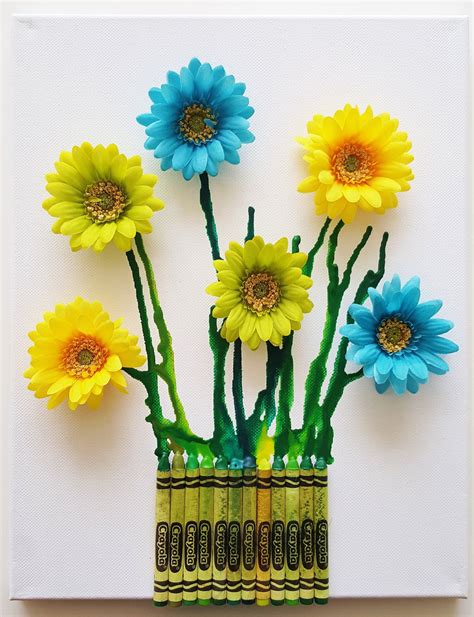 Melted Crayon Art 3D Flowers Green Blue Yellow Colors