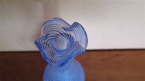 Tall Blown Venetian Glass Vase - Blue w/Swirl Pattern, 9.25" H, 4" W - Oahu Auctions