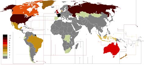 Number of time zones by country. [2638x1196] [OC] : MapPorn