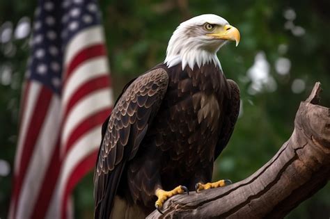 Premium AI Image | A bald eagle perched on a tree branch with an American flag in the backgroun