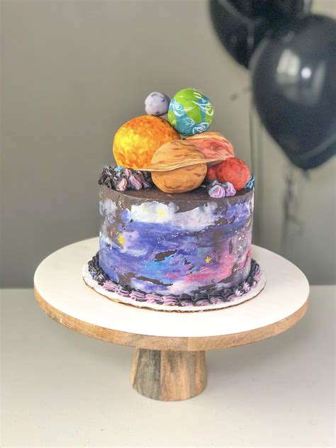 Made a galaxy cake with planets for my sons’s 5th birthday. He ...