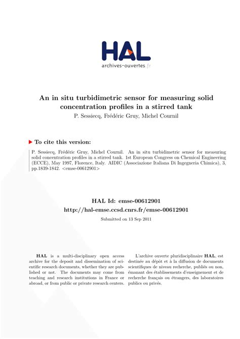 (PDF) An in situ turbidimetric sensor for measuring solid concentration profiles in a stirred tank