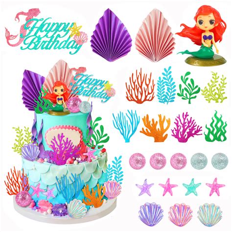 Buy 24PCS Mermaid Cake Topper Under the Sea Cake Topper with Ariel Model Palm Leaves Sea Animals ...