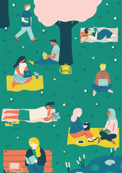 an illustration of people sitting on park benches under a tree and reading books in the grass