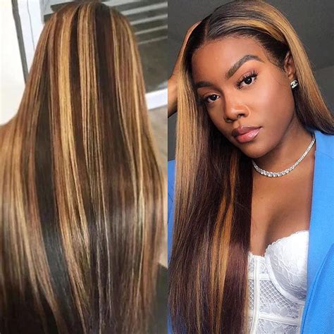 28 Inch Long Straight Highlights Wig for Black Women - Brown Mixed ...