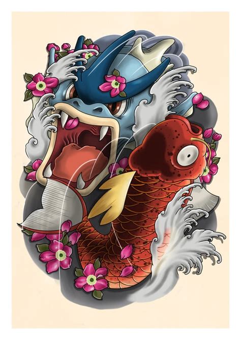 Magikarp and Gyarados Japanese Tattoo Print Pokemon Art - Etsy