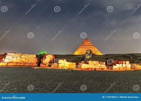 Giza Pyramids and Sphinx Light Up at Night Stock Photo - Image of egyptian, evening: 177818056