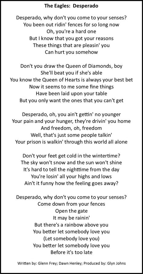 The Eagles: Desperado | Great song lyrics, Music quotes lyrics, Music ...