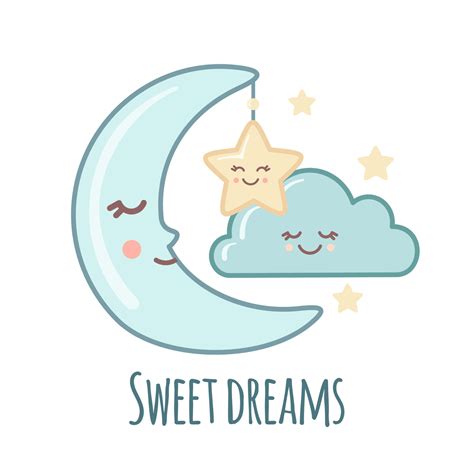 Cute Moon icon with kawaii face isolated on white background. Sleeping moon with star and cloud ...