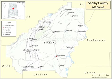 Map of Shelby County, Alabama showing cities, highways & important ...