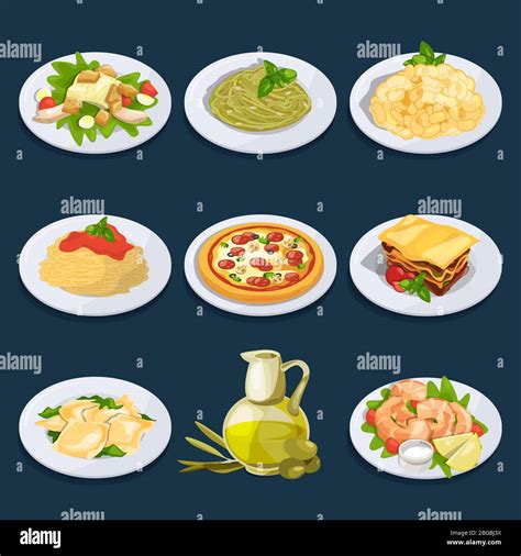 Different food from italian cuisine. Pasta, pizza and others. Vector illustration set Stock ...