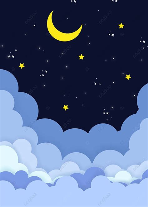 Cartoon Paper Cut Moon Stars And Clouds In The Night Sky Background ...