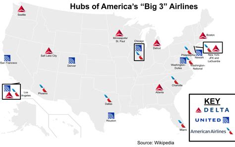 Hub airports of United, American, and Delta... - Maps on the Web