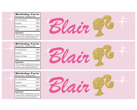 DIGITAL Barbie water bottle labels personalized | Bottle labels ...