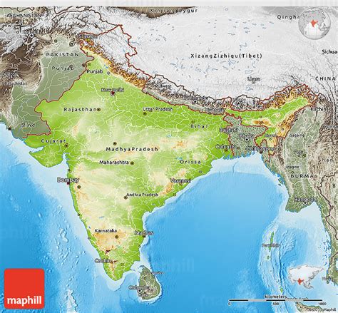 Physical 3D Map of India, semi-desaturated, land only