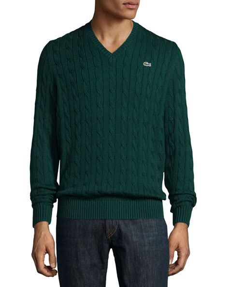 Lyst - Lacoste Cable-knit Cotton V-neck Sweater in Green for Men