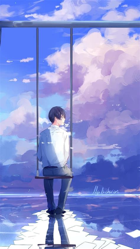 Alone Boy, Swing, anime, pink sky, animation, HD phone wallpaper | Peakpx