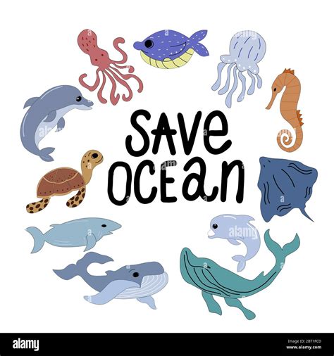 Set of sea animals with the words - save ocean, on a white background ...