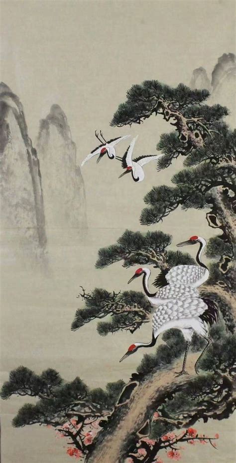 Hand-painted Pine Tree & Crown Cranes Art, Large Size Vertical East Asian Wall Art, Traditional ...