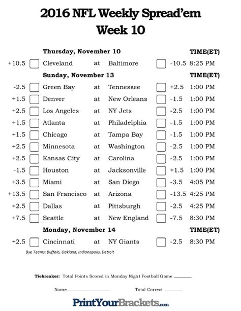 Nfl Spreads Week 10 Printable