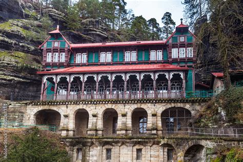 Close view of Falcon's Nest mountian chateau next to Pravčická brána (Prebischtor Gate) on a ...