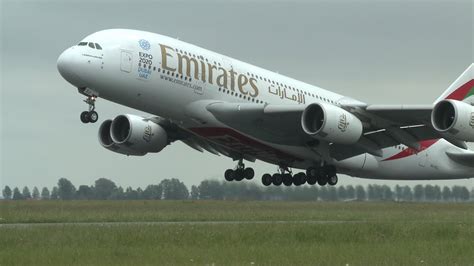 A380 Emirates Airbus A380-800 A6-EDJ takeoff from Schiphol Amsterdam RWY 36L Polderbaan - YouTube