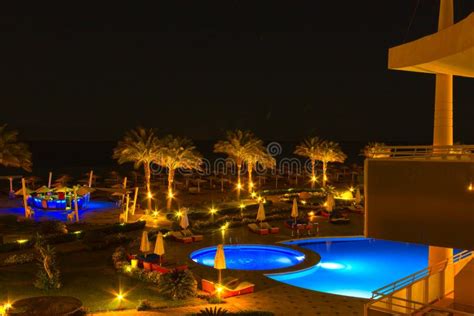 Evening View for Luxury Swimming Pool at Night Stock Photo - Image of ...