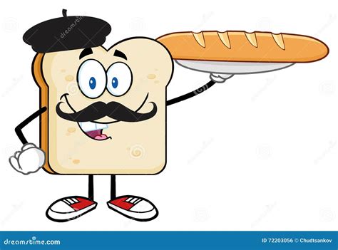 Bread Slice Character with Baret and Mustache Presenting Perfect French Bread Baguette Stock ...