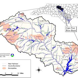 Map of the northern headwaters of the Cape Fear River Basin, showing ...