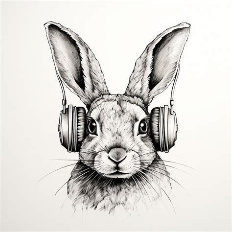 Rabbit Wearing Headphones Clip Art Illustration. Fine Line Pencil ...