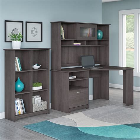 Cabot Corner Desk with Hutch and 6 Shelf Bookcase in Heather Gray - CAB006HRG