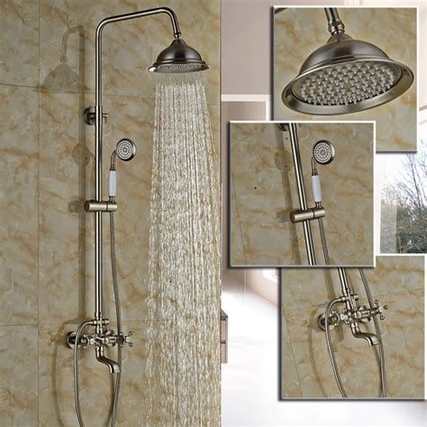 Brushed Nickel Bathroom Dual Handle Rainfall Shower Faucet Set Wall ...