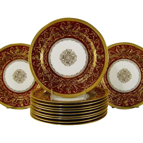 12 Royal Doulton Burslem Dinner Plates c1895 Raised Gold Roses Deep ...