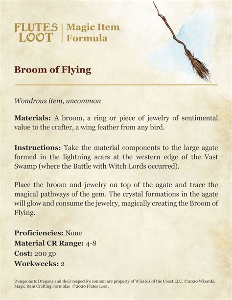 Broom of Flying | Crafting Magic Items Formula D&D 5e | D&d dungeons and dragons, Dnd crafts, Magic