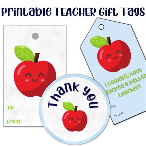 teacher appreciation gift tags with an apple on the front and back, for teachers to print